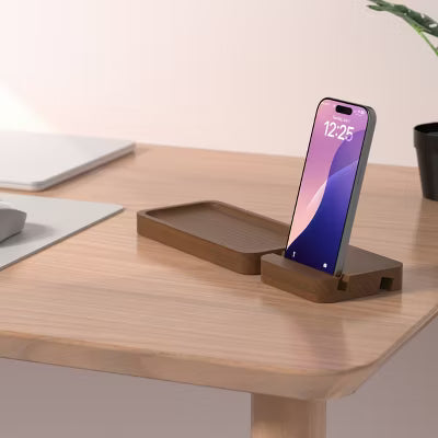 Support de téléphone en bois avec bac de rangement de bureau intégré